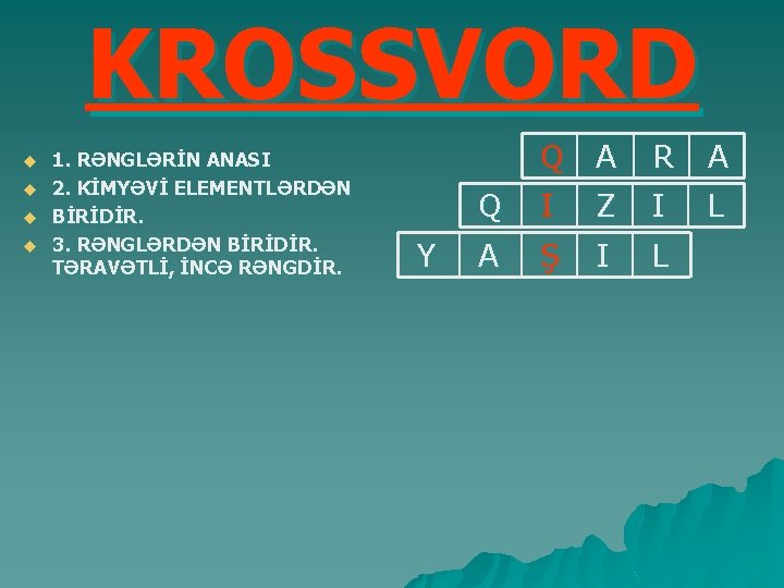 KROSSVORD u u 1. RƏNGLƏRİN ANASI 2. KİMYƏVİ ELEMENTLƏRDƏN Q BİRİDİR. 3. RƏNGLƏRDƏN BİRİDİR.