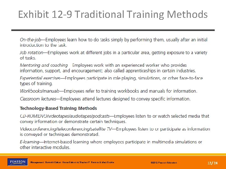 Exhibit 12 -9 Traditional Training Methods Copyright © 2012 Pearson Education, Inc. Publishing as