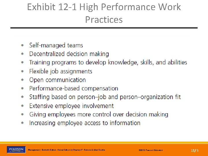 Exhibit 12 -1 High Performance Work Practices Copyright © 2012 Pearson Education, Inc. Publishing