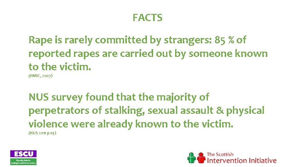 FACTS Rape is rarely committed by strangers: 85 % of reported rapes are carried