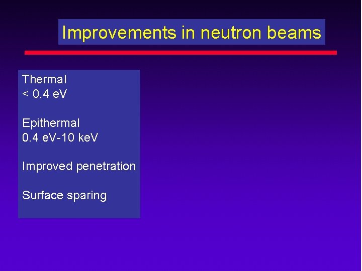 Improvements in neutron beams Thermal < 0. 4 e. V Epithermal 0. 4 e.