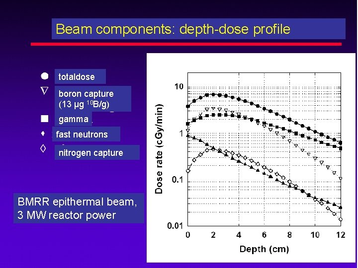 Beam components: depth-dose profile totaldose boron capture (13 µg 10 B/g) gamma fast neutrons