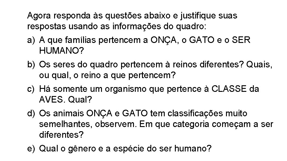 Agora responda às questões abaixo e justifique suas respostas usando as informações do quadro: