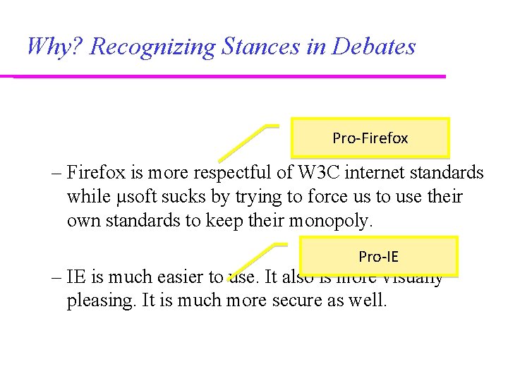 Why? Recognizing Stances in Debates Pro-Firefox – Firefox is more respectful of W 3