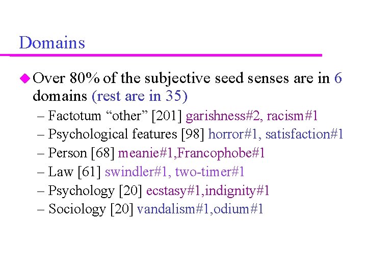 Domains Over 80% of the subjective seed senses are in 6 domains (rest are