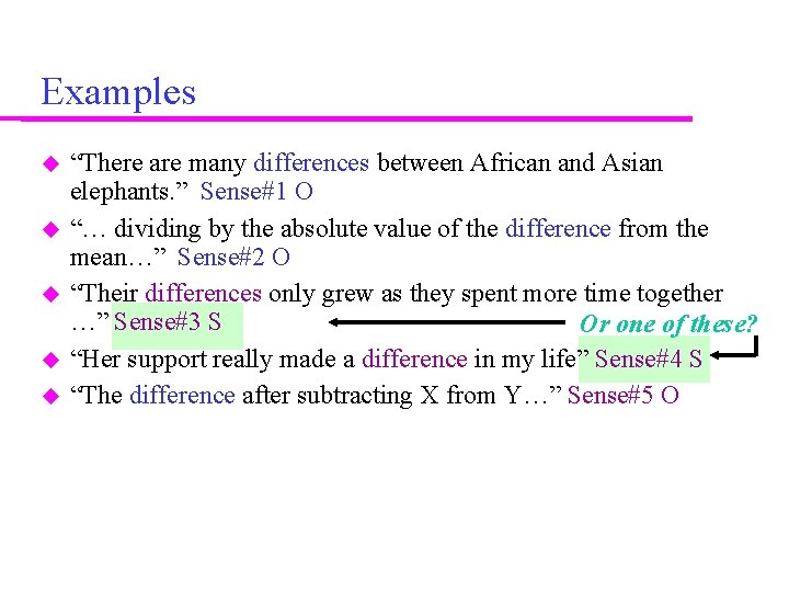 Examples “There are many differences between African and Asian elephants. ” Sense#1 O “…