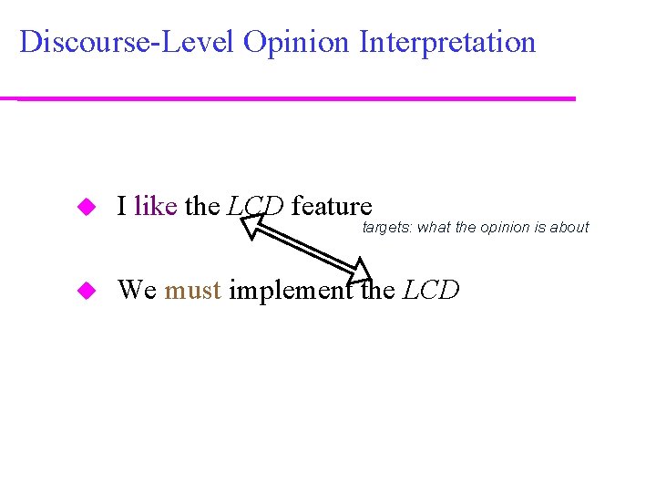 Discourse-Level Opinion Interpretation I like the LCD feature We must implement the LCD targets: