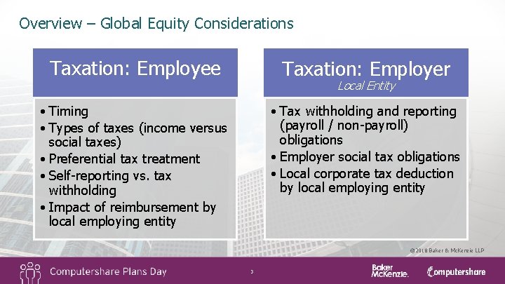 Overview – Global Equity Considerations Taxation: Employee Taxation: Employer • Timing • Types of