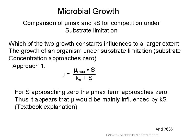Microbial Growth Comparison of μmax and k. S for competition under Substrate limitation Which