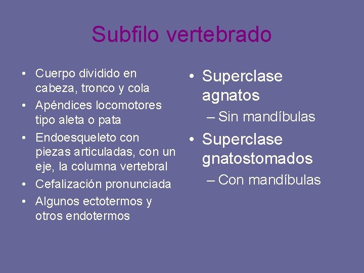 Subfilo vertebrado • Cuerpo dividido en cabeza, tronco y cola • Apéndices locomotores tipo