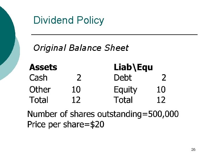 Dividend Policy Original Balance Sheet 26 