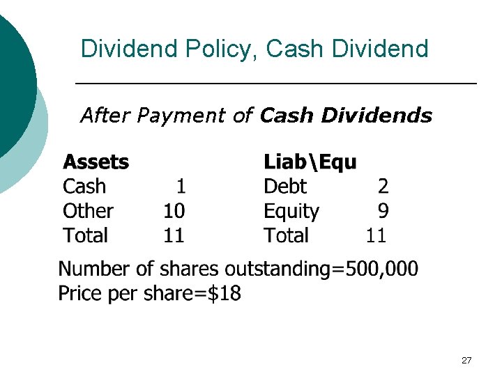 Dividend Policy, Cash Dividend After Payment of Cash Dividends 27 