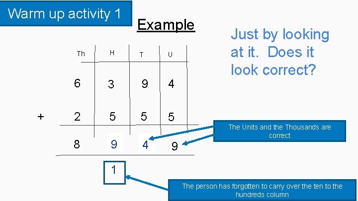 Warm up activity 1 Th + H Example T U 6 3 9 4