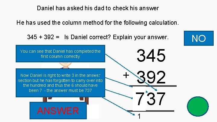 Daniel has asked his dad to check his answer He has used the column