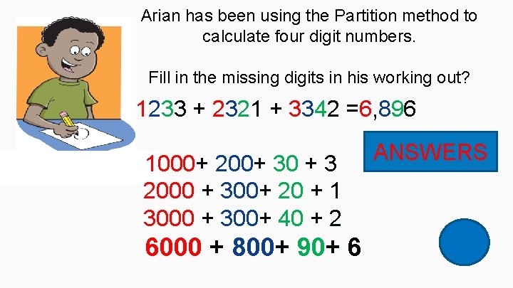 Arian has been using the Partition method to calculate four digit numbers. Fill in