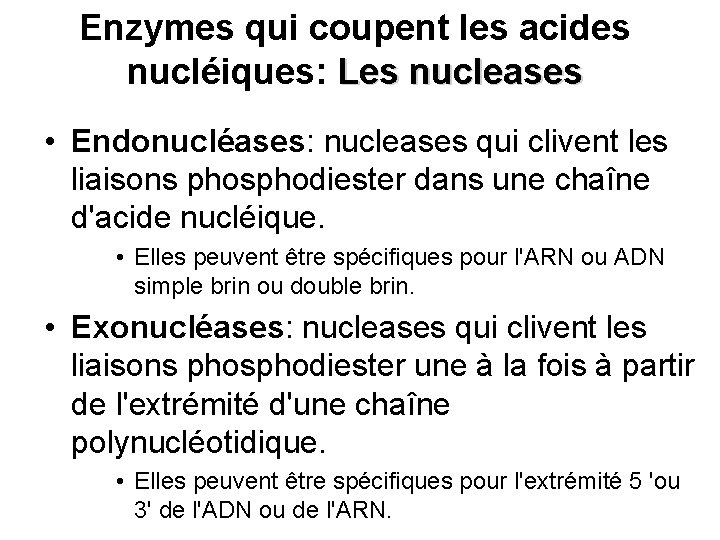 Enzymes qui coupent les acides nucléiques: Les nucleases • Endonucléases: nucleases qui clivent les