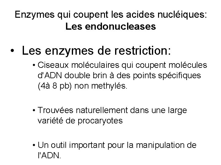 Enzymes qui coupent les acides nucléiques: Les endonucleases • Les enzymes de restriction: •