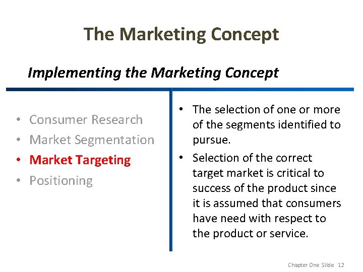 The Marketing Concept Implementing the Marketing Concept • • Consumer Research Market Segmentation Market