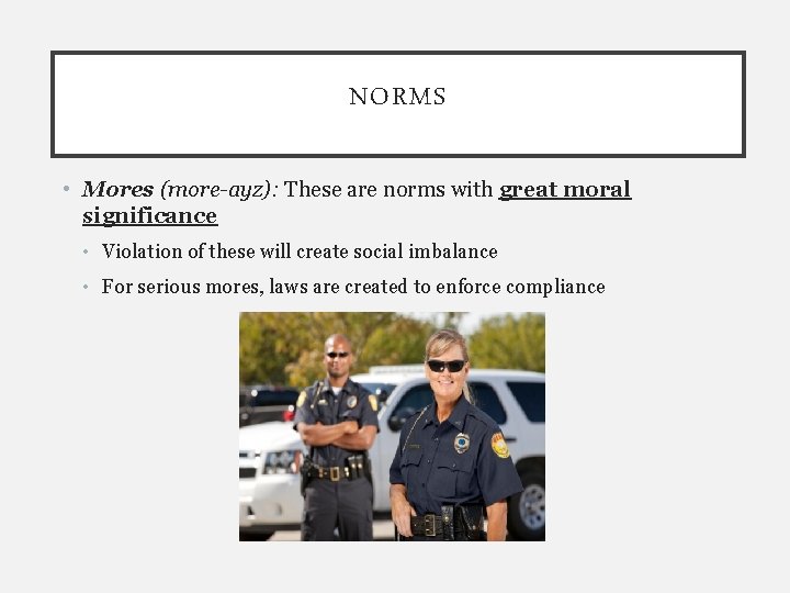 NORMS • Mores (more-ayz): These are norms with great moral significance • Violation of