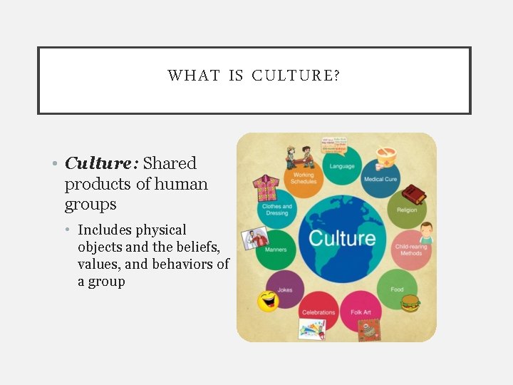 WHAT IS CULTURE? • Culture: Shared products of human groups • Includes physical objects