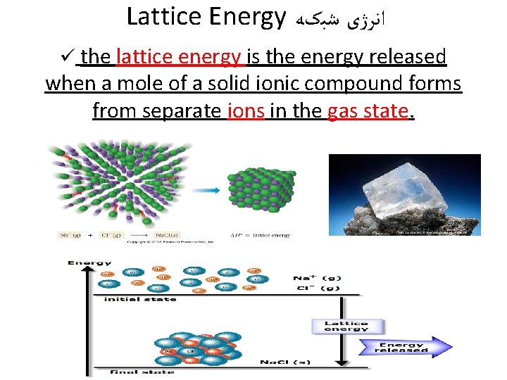 Lattice Energy ﺍﻧﺮژی ﺷﺒکﻪ ü the lattice energy is the energy released when a