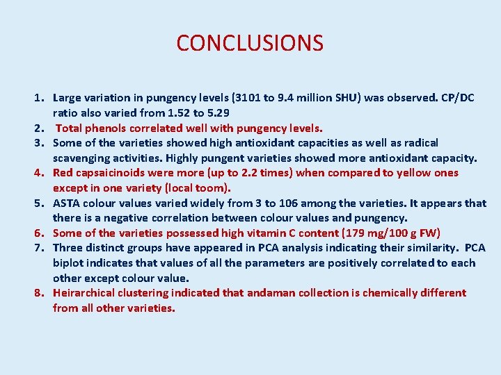 CONCLUSIONS 1. Large variation in pungency levels (3101 to 9. 4 million SHU) was