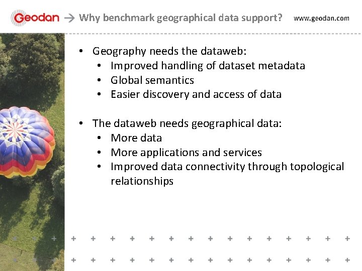 Why benchmark geographical data support? • Geography needs the dataweb: • Improved handling of