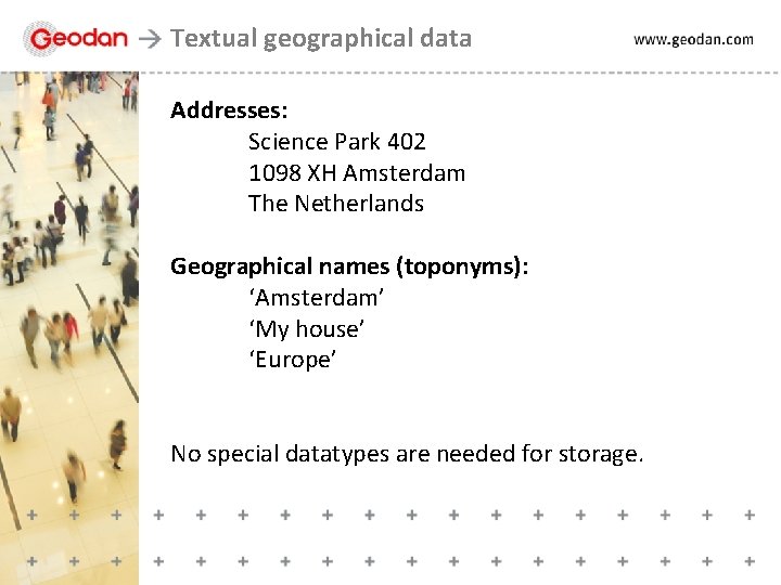 Textual geographical data Addresses: Science Park 402 1098 XH Amsterdam The Netherlands Geographical names