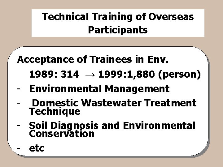 Technical Training of Overseas Participants Acceptance of Trainees in Env. - 1989: 314 →