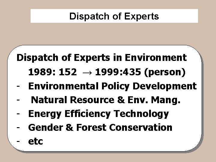 Dispatch of Experts in Environment - 1989: 152 → 1999: 435 (person) Environmental Policy