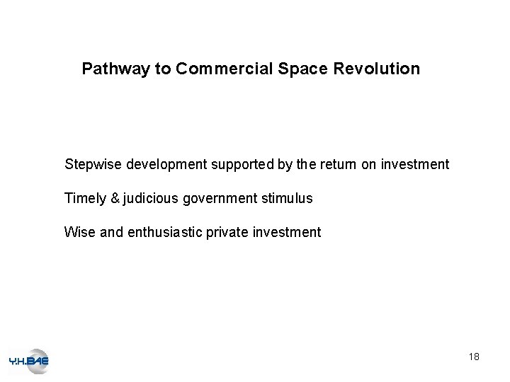 Pathway to Commercial Space Revolution Stepwise development supported by the return on investment Timely