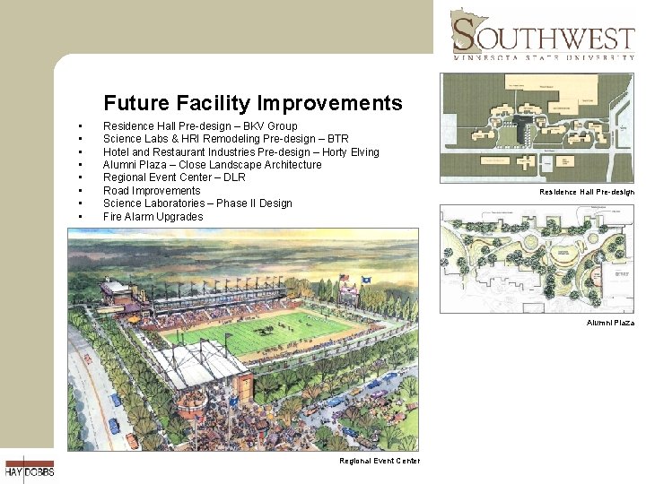 Future Facility Improvements • • Residence Hall Pre-design – BKV Group Science Labs &