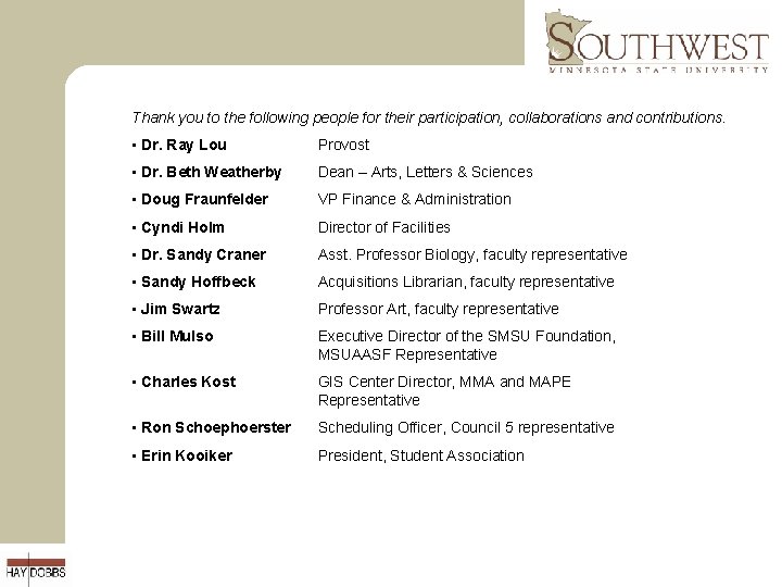 Thank you to the following people for their participation, collaborations and contributions. • Dr.