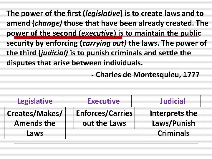 The power of the first (legislative) is to create laws and to amend (change)