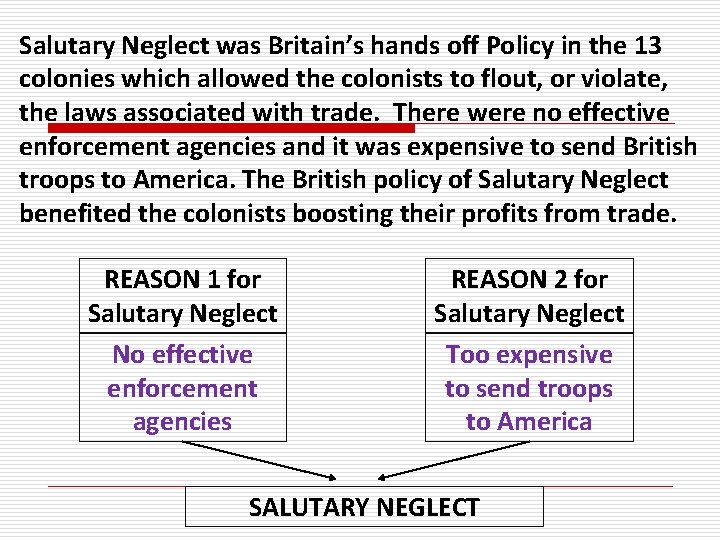 Salutary Neglect was Britain’s hands off Policy in the 13 colonies which allowed the