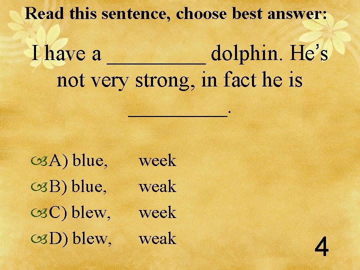 Read this sentence, choose best answer: I have a _____ dolphin. He’s not very