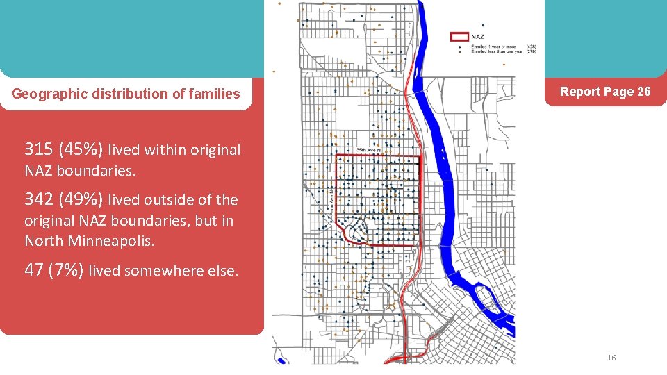 Geographic distribution of families Report Page 26 315 (45%) lived within original NAZ boundaries.