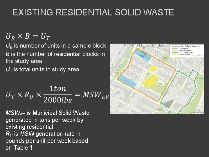 EXISTING RESIDENTIAL SOLID WASTE MSWER is Municipal Solid Waste generated in tons per week