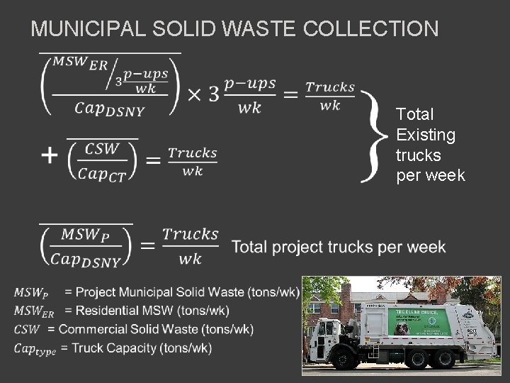 MUNICIPAL SOLID WASTE COLLECTION Total Existing trucks per week 