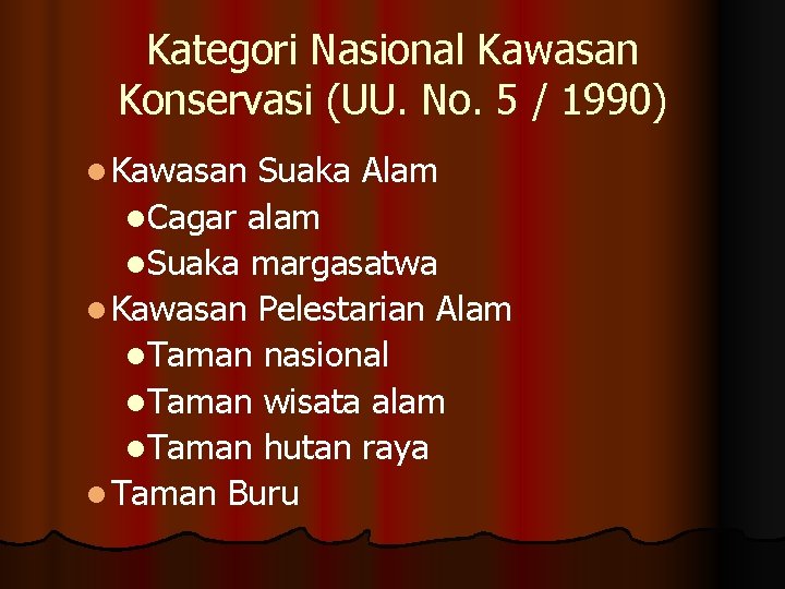 Kategori Nasional Kawasan Konservasi (UU. No. 5 / 1990) l Kawasan Suaka Alam l.