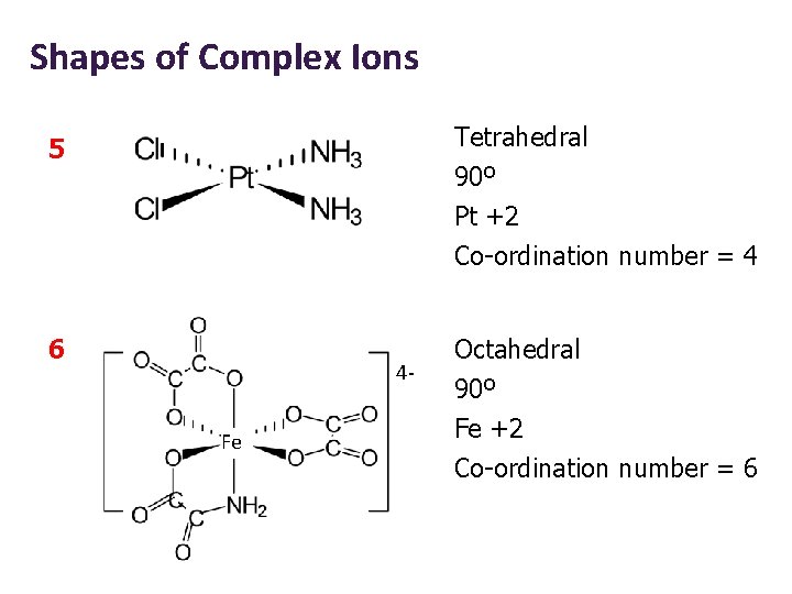 Shapes of Complex Ions Tetrahedral 90º Pt +2 5 Co-ordination number = 4 6