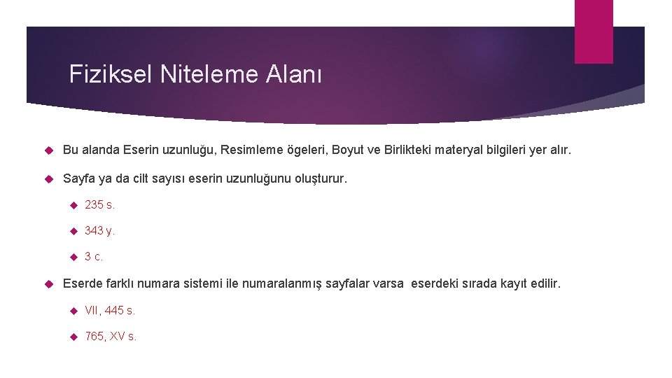 Fiziksel Niteleme Alanı Bu alanda Eserin uzunluğu, Resimleme ögeleri, Boyut ve Birlikteki materyal bilgileri