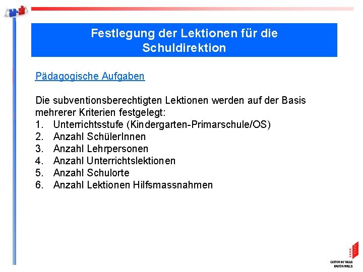 Festlegung der Lektionen für die Schuldirektion Pädagogische Aufgaben Die subventionsberechtigten Lektionen werden auf der