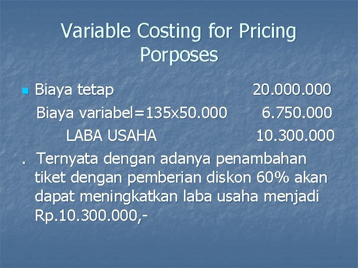 Variable Costing for Pricing Porposes Biaya tetap 20. 000 Biaya variabel=135 x 50. 000