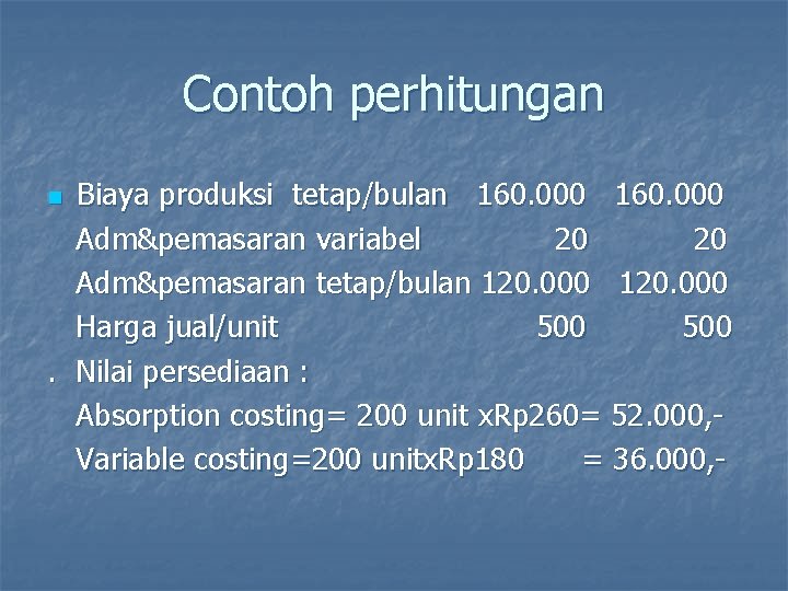 Contoh perhitungan Biaya produksi tetap/bulan 160. 000 Adm&pemasaran variabel 20 20 Adm&pemasaran tetap/bulan 120.