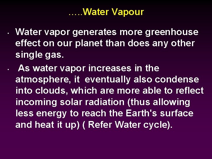 …. . Water Vapour • • Water vapor generates more greenhouse effect on our