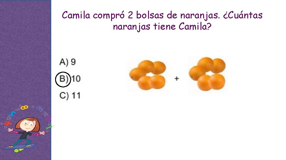 Camila compró 2 bolsas de naranjas. ¿Cuántas naranjas tiene Camila? 