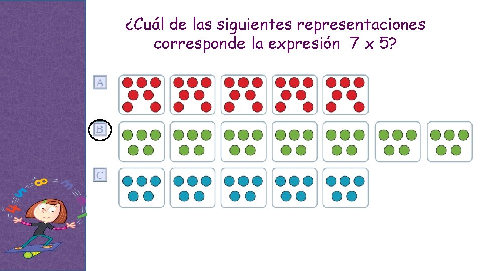 ¿Cuál de las siguientes representaciones corresponde la expresión 7 x 5? 