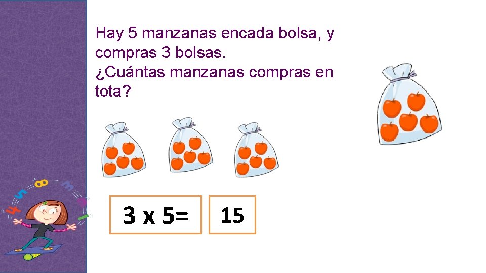 Hay 5 manzanas encada bolsa, y compras 3 bolsas. ¿Cuántas manzanas compras en tota?