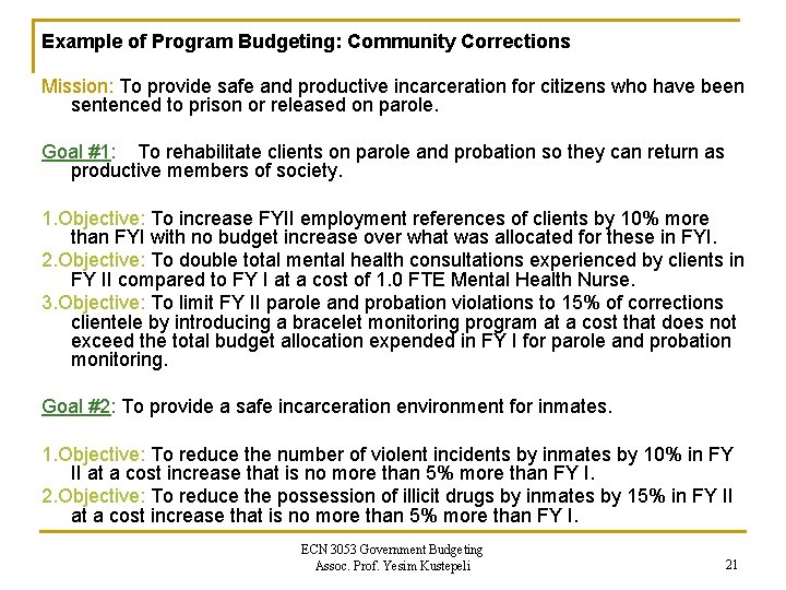 Example of Program Budgeting: Community Corrections Mission: To provide safe and productive incarceration for Example of Program Budgeting: Community Corrections Mission: To provide safe and productive incarceration for